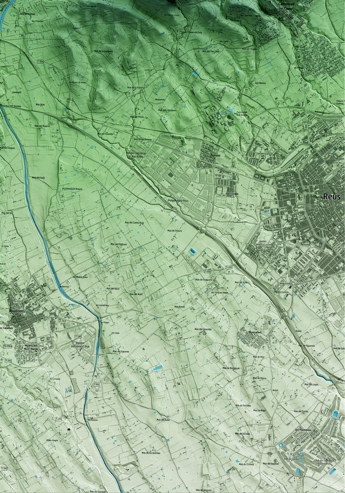 Mapa artístico del relieve de Maspujols, al Baix Camp, con 15 km de entorno y base topográfica ICGC. Detalle de la zona inferior derecha.