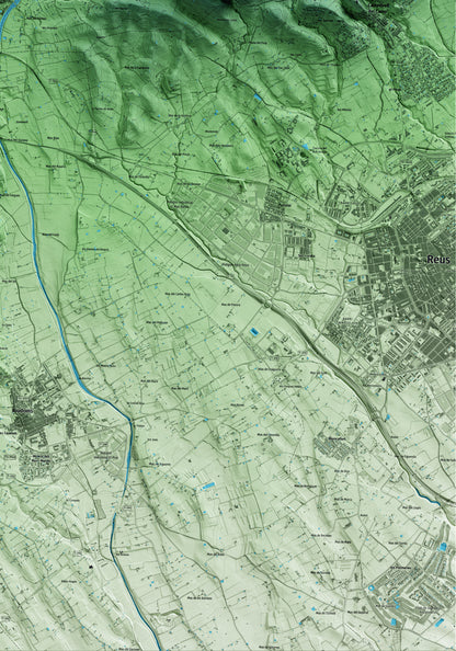 Mapa artístico del relieve de Maspujols, al Baix Camp, con 15 km de entorno y base topográfica ICGC. Detalle de la zona inferior derecha.