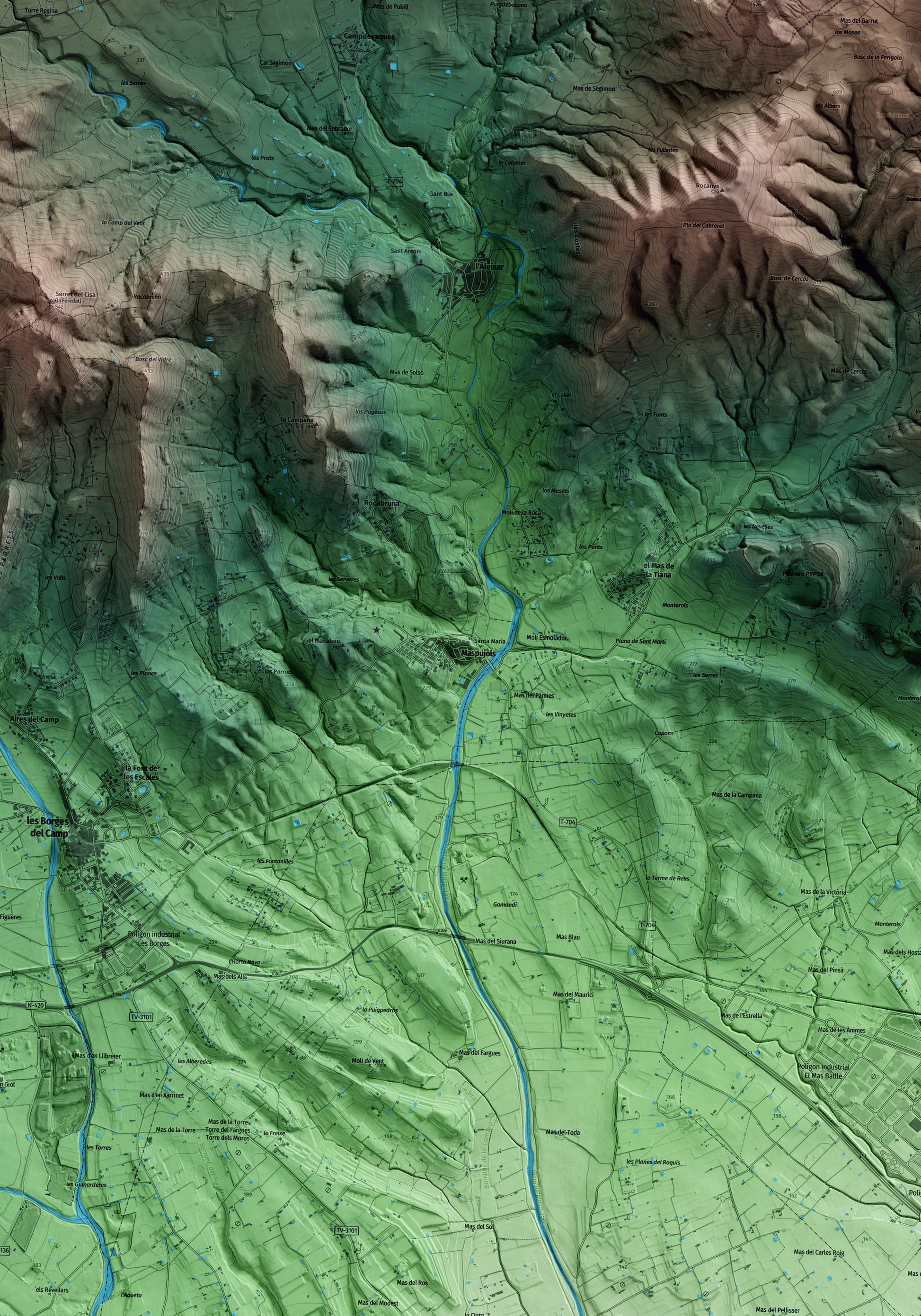 Mapa artístico del relieve de Maspujols, al Baix Camp, con 15 km de entorno y base topográfica ICGC. Detalle de la zona central.