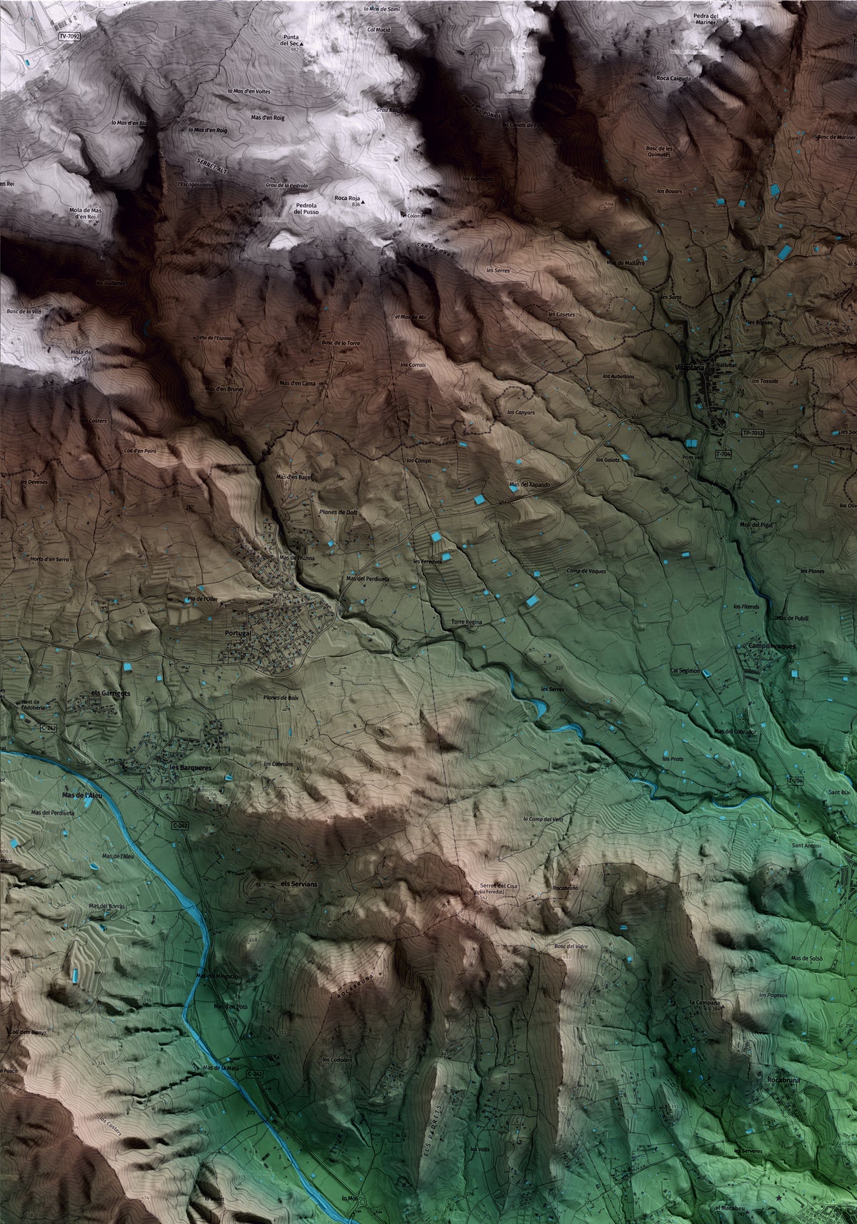 Mapa artístico del relieve de Maspujols, al Baix Camp, con 15 km de entorno y base topográfica ICGC. Detalle de la zona superior izquierda.