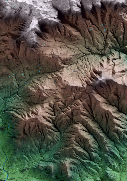 Mapa artístico del relieve de Maspujols, al Baix Camp, con 15 km de entorno y base topográfica ICGC. Detalle de la zona superior derecha.