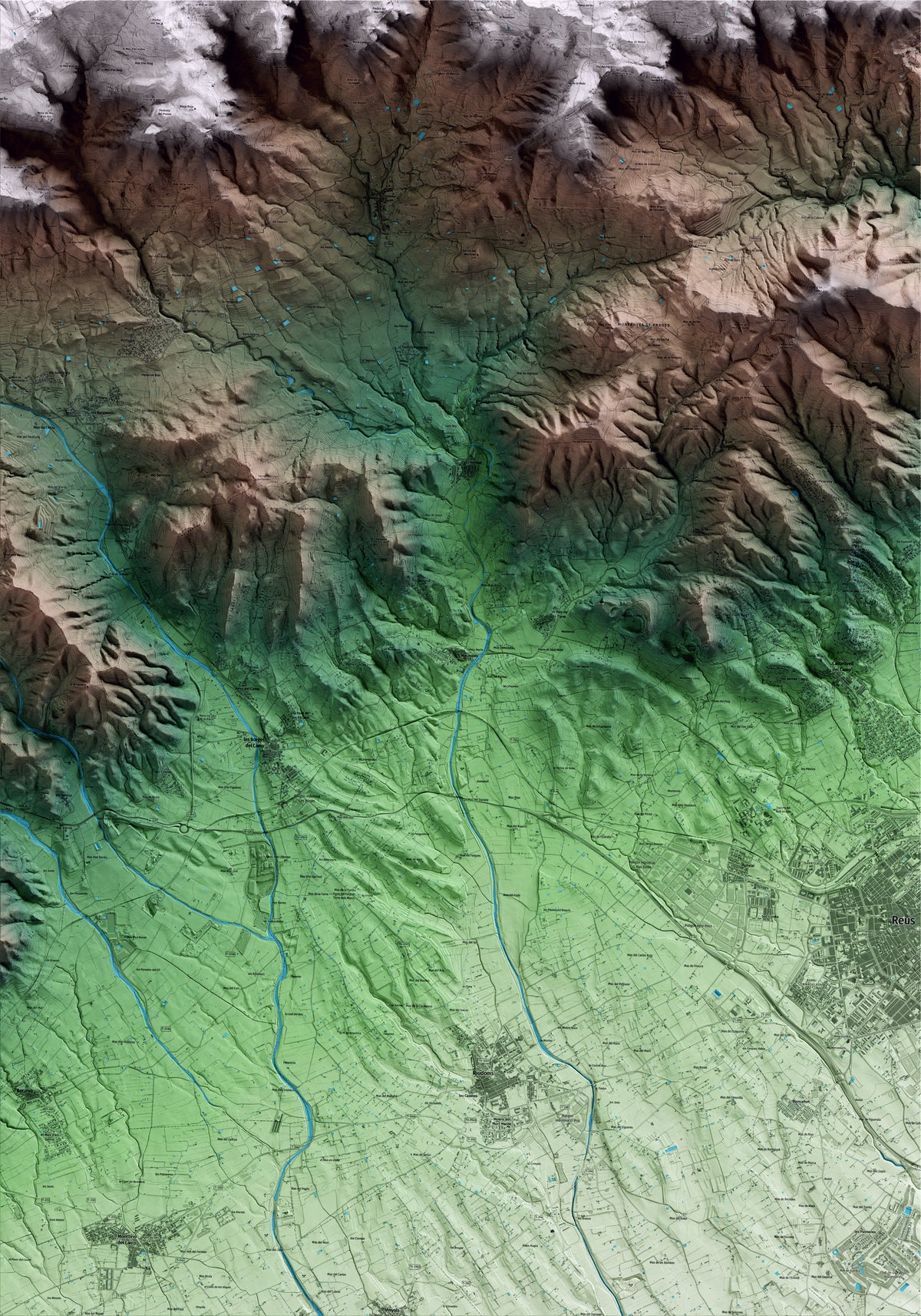 Mapa artístico del relieve de Maspujols, al Baix Camp, con 15 km de entorno y base topográfica ICGC