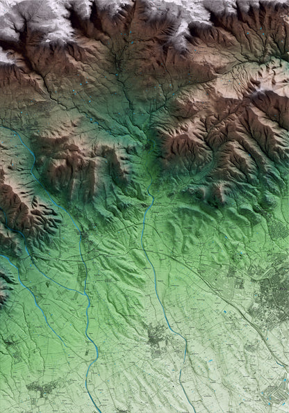 Mapa artístico del relieve de Maspujols, al Baix Camp, con 15 km de entorno y base topográfica ICGC
