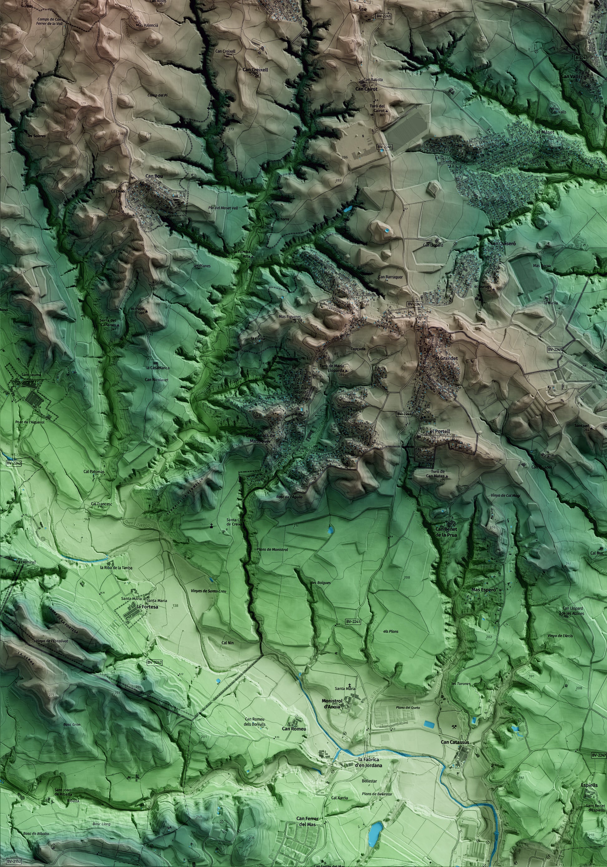 Mapa artístico del relieve de Masquefa, al Anoia, con 15 km de entorno y base topográfica ICGC. Detalle de la zona inferior izquierda.