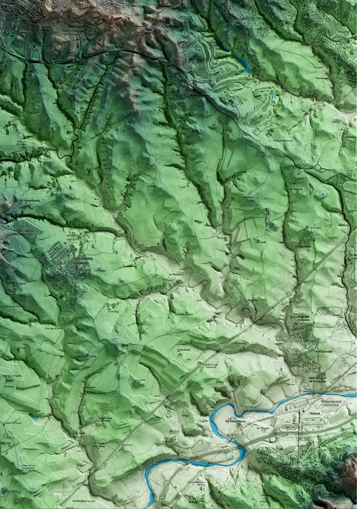 Mapa artístico del relieve de Masquefa, al Anoia, con 15 km de entorno y base topográfica ICGC. Detalle de la zona inferior derecha.