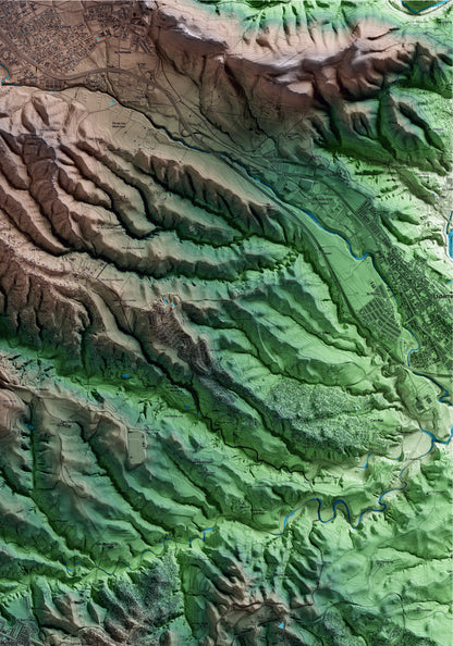 Mapa artístico del relieve de Masquefa, al Anoia, con 15 km de entorno y base topográfica ICGC. Detalle de la zona superior derecha.