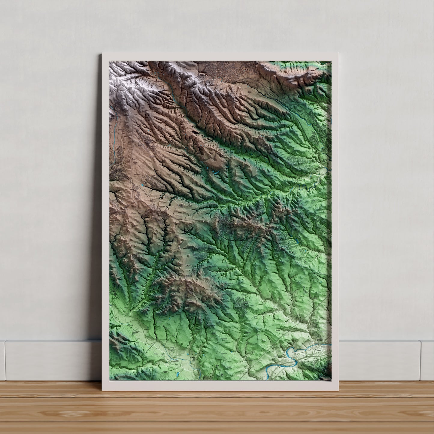 Mapa artístico del relieve de Masquefa, al Anoia, con 15 km de entorno y base topográfica ICGC. Presentación enmarcada.