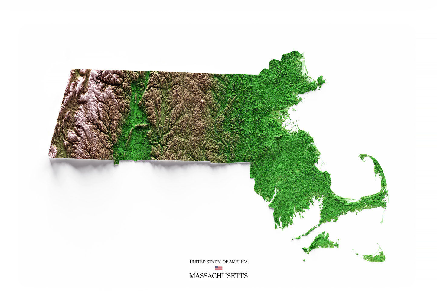 MASSACHUSETTS. Mapa de relieve clásico.