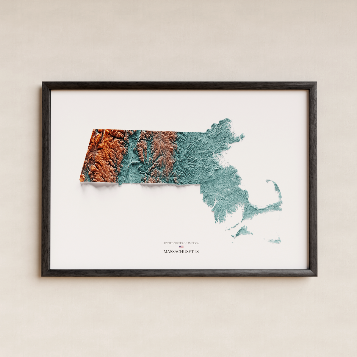 MASSACHUSETTS. Mapa de relleu artístic / blau i taronja