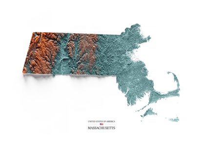 MASSACHUSETTS. Mapa de relieve con contraste.