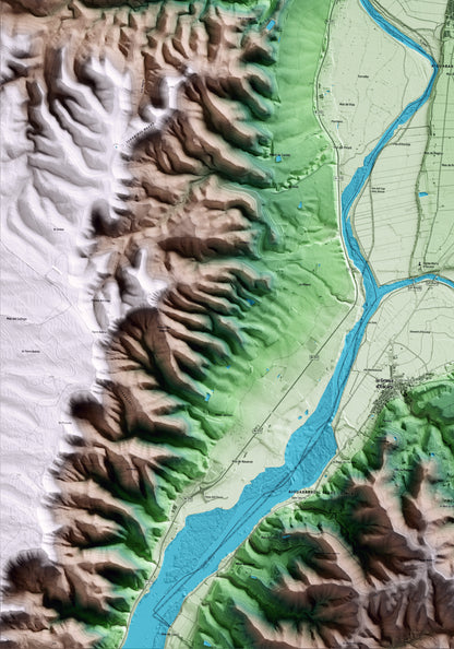 Mapa artístico del relieve de Massalcoreig, al Segrià, con 15 km de entorno y base topográfica ICGC. Detalle de la zona inferior izquierda.