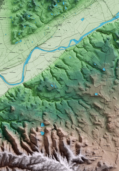 Mapa artístico del relieve de Massalcoreig, al Segrià, con 15 km de entorno y base topográfica ICGC. Detalle de la zona inferior derecha.