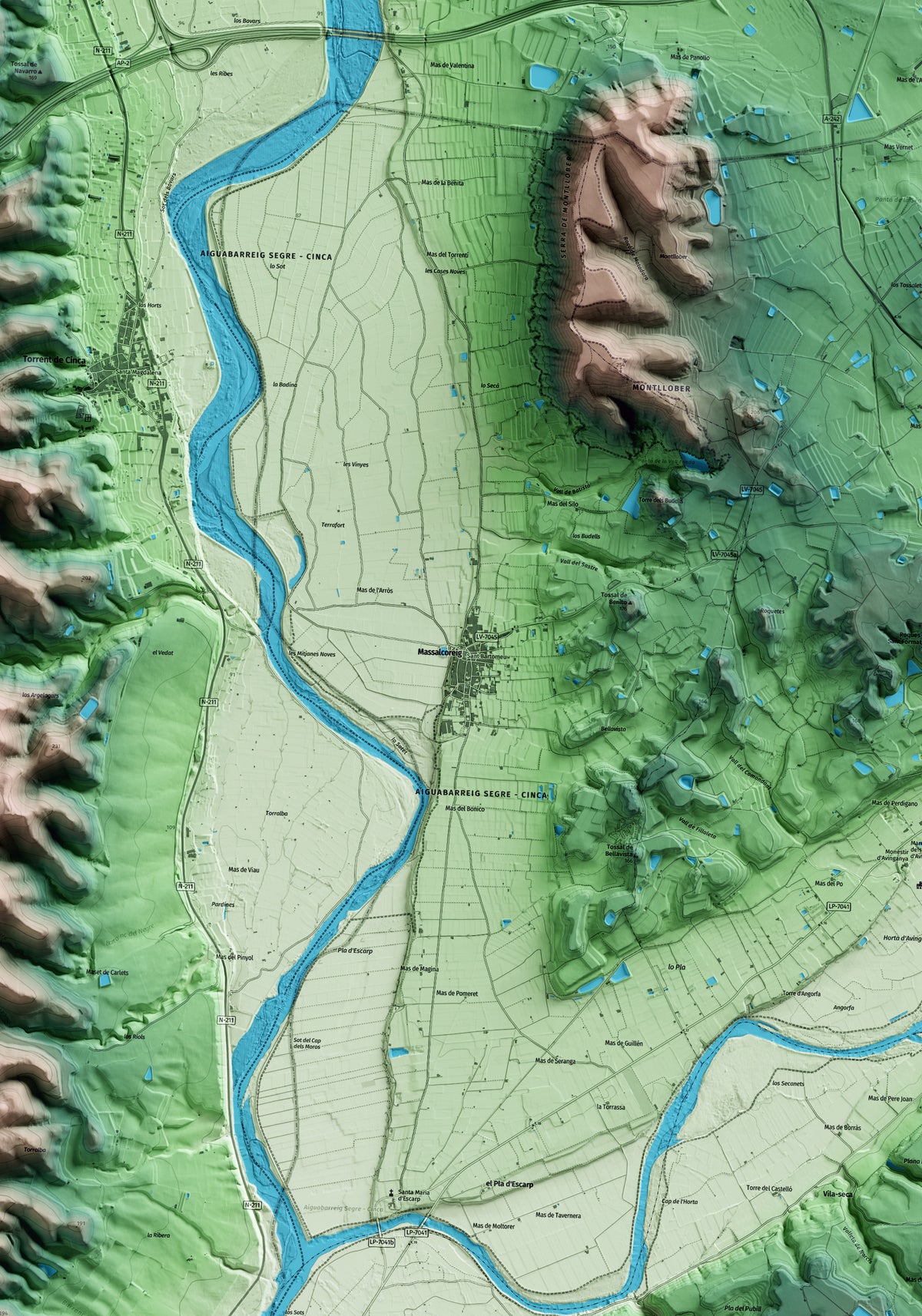 Mapa artístico del relieve de Massalcoreig, al Segrià, con 15 km de entorno y base topográfica ICGC. Detalle de la zona central.
