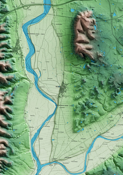 Mapa artístico del relieve de Massalcoreig, al Segrià, con 15 km de entorno y base topográfica ICGC. Detalle de la zona central.