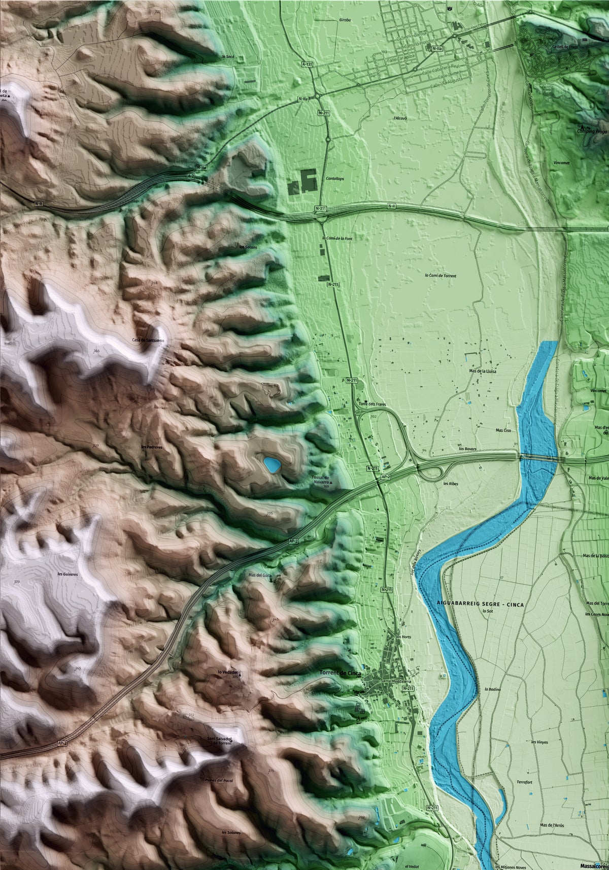 Mapa artístico del relieve de Massalcoreig, al Segrià, con 15 km de entorno y base topográfica ICGC. Detalle de la zona superior izquierda.
