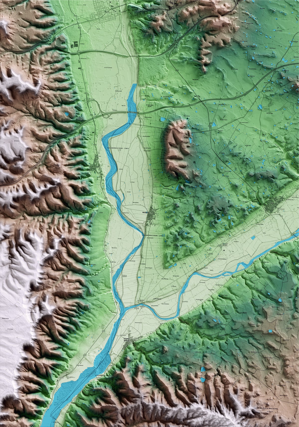 Mapa artístico del relieve de Massalcoreig, al Segrià, con 15 km de entorno y base topográfica ICGC