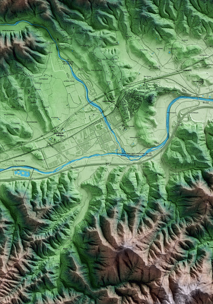 Mapa artístico del relieve de Massanes, a la Selva, con 15 km de entorno y base topográfica ICGC. Detalle de la zona inferior izquierda.