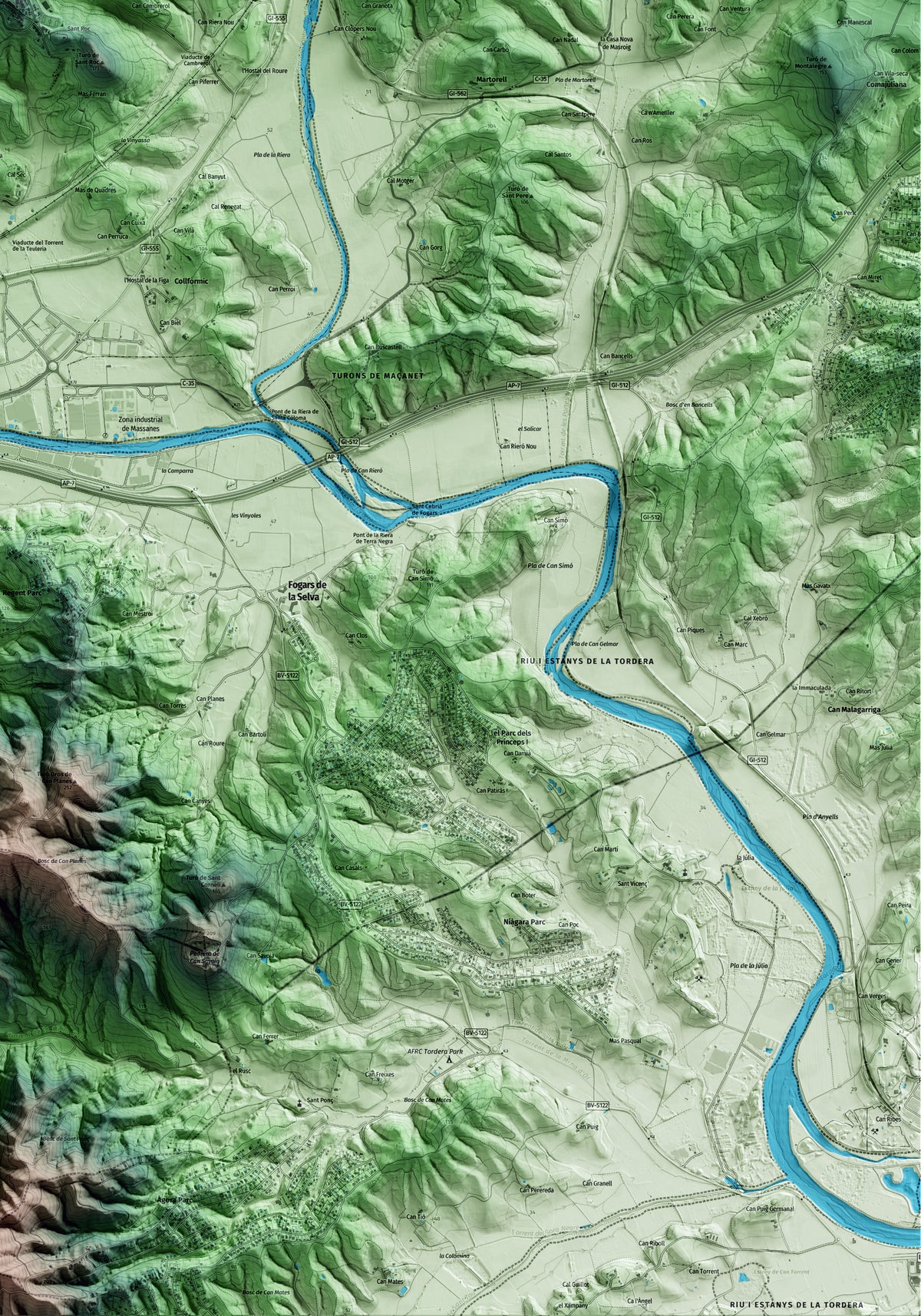 Mapa artístico del relieve de Massanes, a la Selva, con 15 km de entorno y base topográfica ICGC. Detalle de la zona inferior derecha.