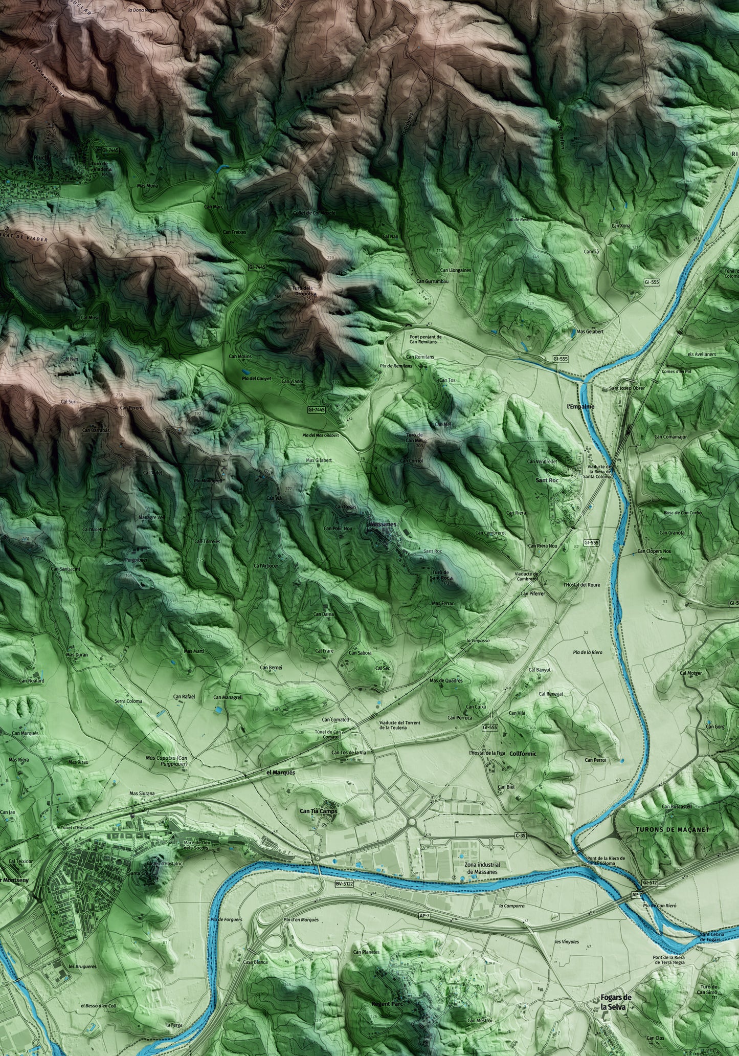 Mapa artístico del relieve de Massanes, a la Selva, con 15 km de entorno y base topográfica ICGC. Detalle de la zona central.