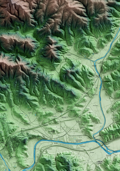 Mapa artístico del relieve de Massanes, a la Selva, con 15 km de entorno y base topográfica ICGC. Detalle de la zona central.