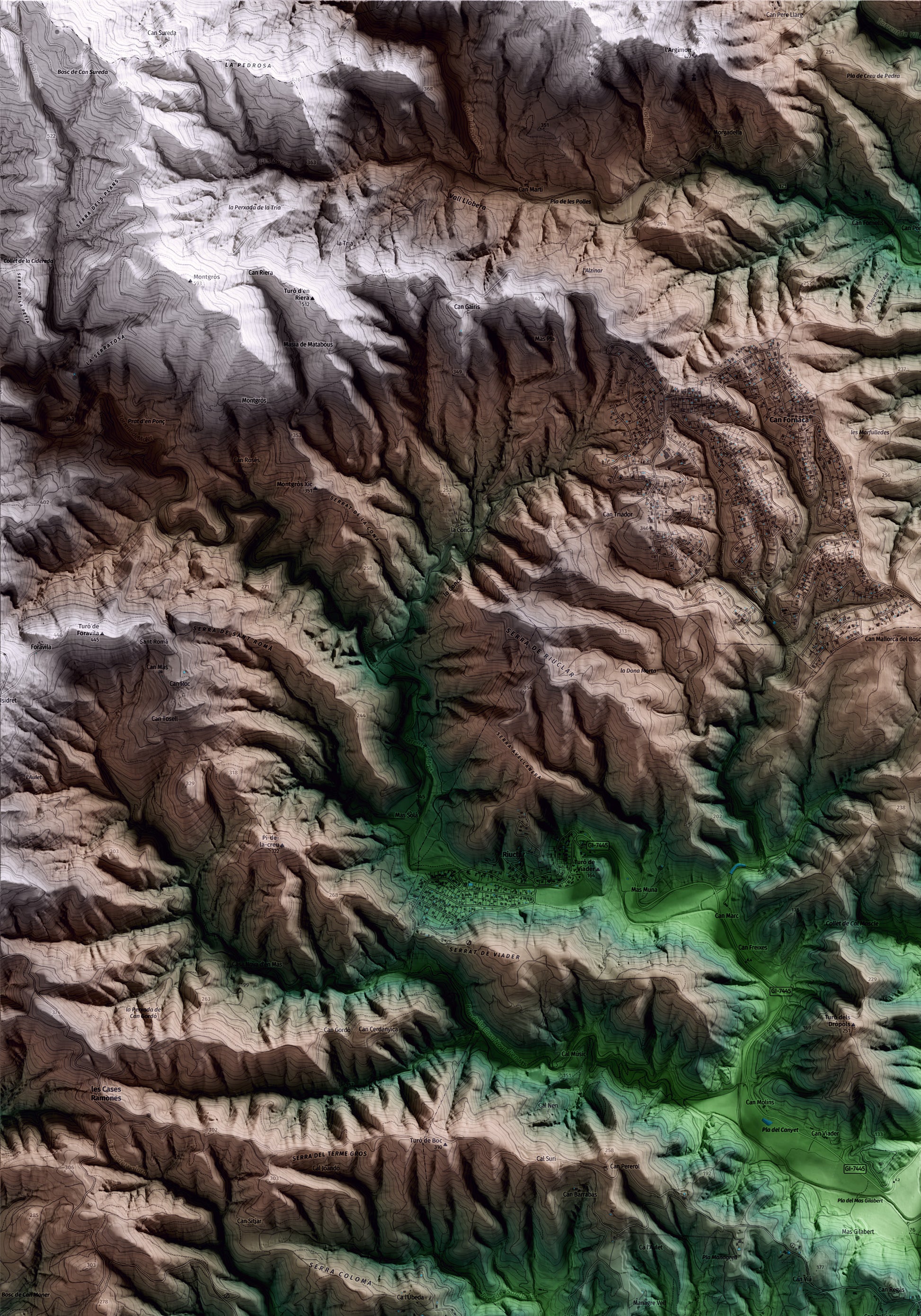 Mapa artístico del relieve de Massanes, a la Selva, con 15 km de entorno y base topográfica ICGC. Detalle de la zona superior izquierda.