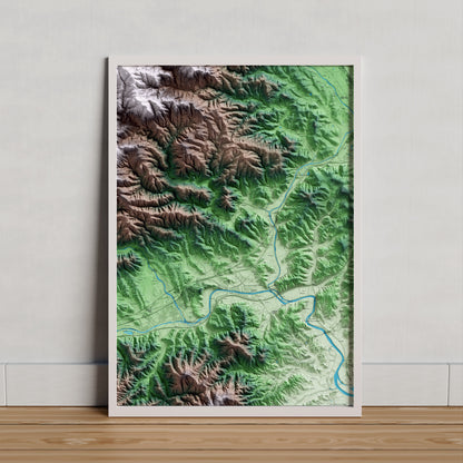 Mapa artístico del relieve de Massanes, a la Selva, con 15 km de entorno y base topográfica ICGC. Presentación enmarcada.