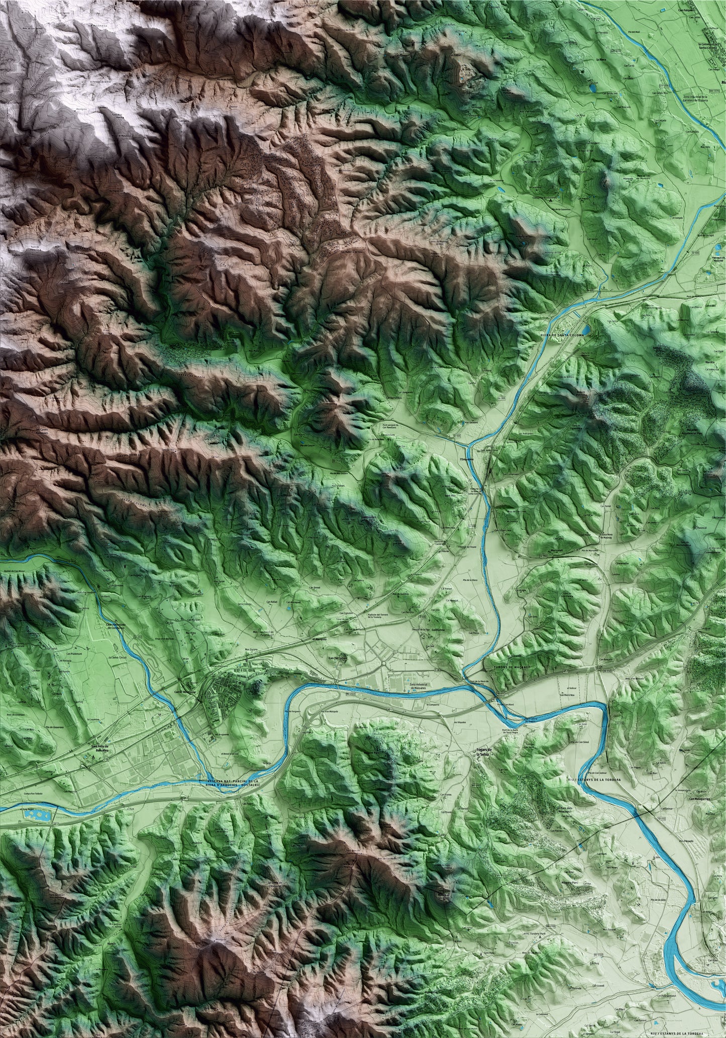 Mapa artístico del relieve de Massanes, a la Selva, con 15 km de entorno y base topográfica ICGC