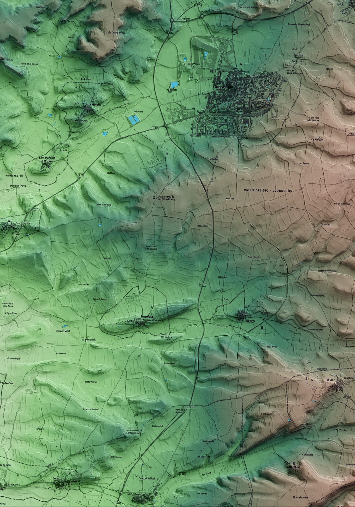 Mapa artístico del relieve de Massoteres, a la Segarra, con 15 km de entorno y base topográfica ICGC. Detalle de la zona inferior izquierda.
