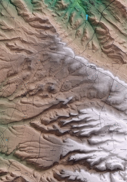 Mapa artístico del relieve de Massoteres, a la Segarra, con 15 km de entorno y base topográfica ICGC. Detalle de la zona inferior derecha.