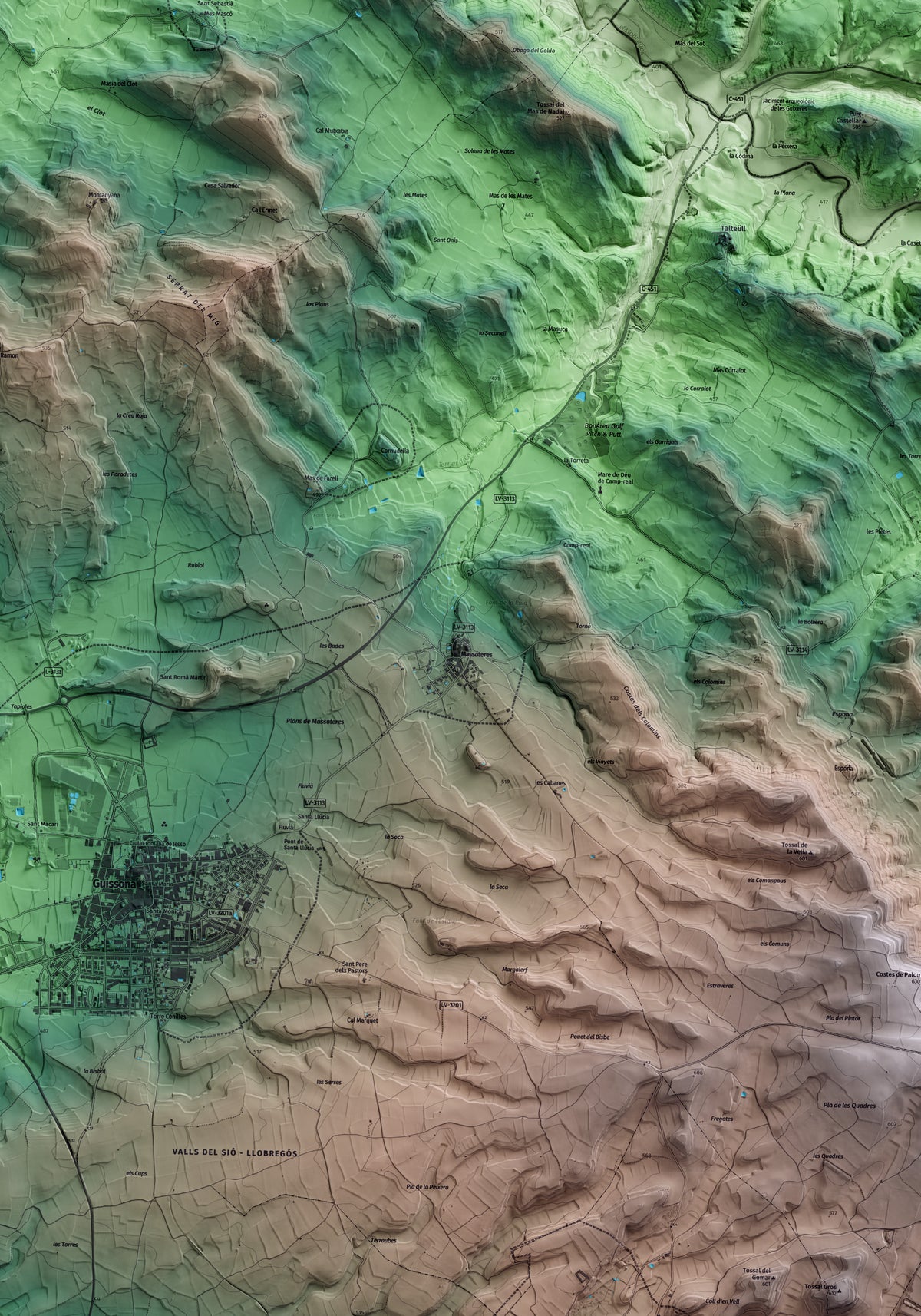 Mapa artístico del relieve de Massoteres, a la Segarra, con 15 km de entorno y base topográfica ICGC. Detalle de la zona central.