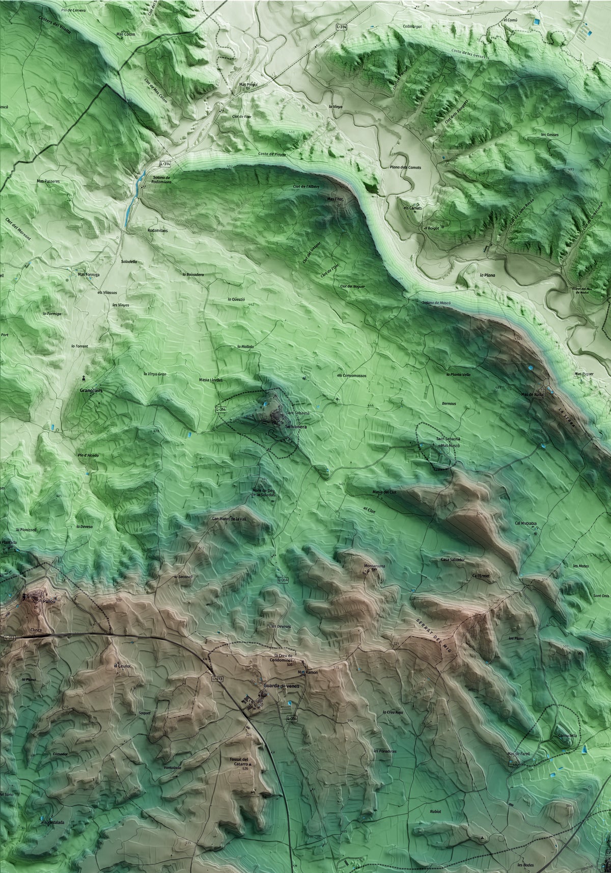 Mapa artístico del relieve de Massoteres, a la Segarra, con 15 km de entorno y base topográfica ICGC. Detalle de la zona superior izquierda.