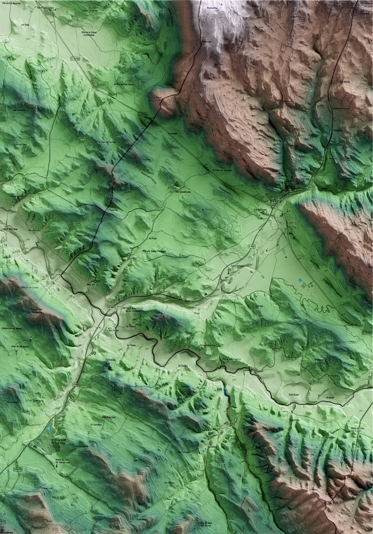 Mapa artístico del relieve de Massoteres, a la Segarra, con 15 km de entorno y base topográfica ICGC. Detalle de la zona superior derecha.