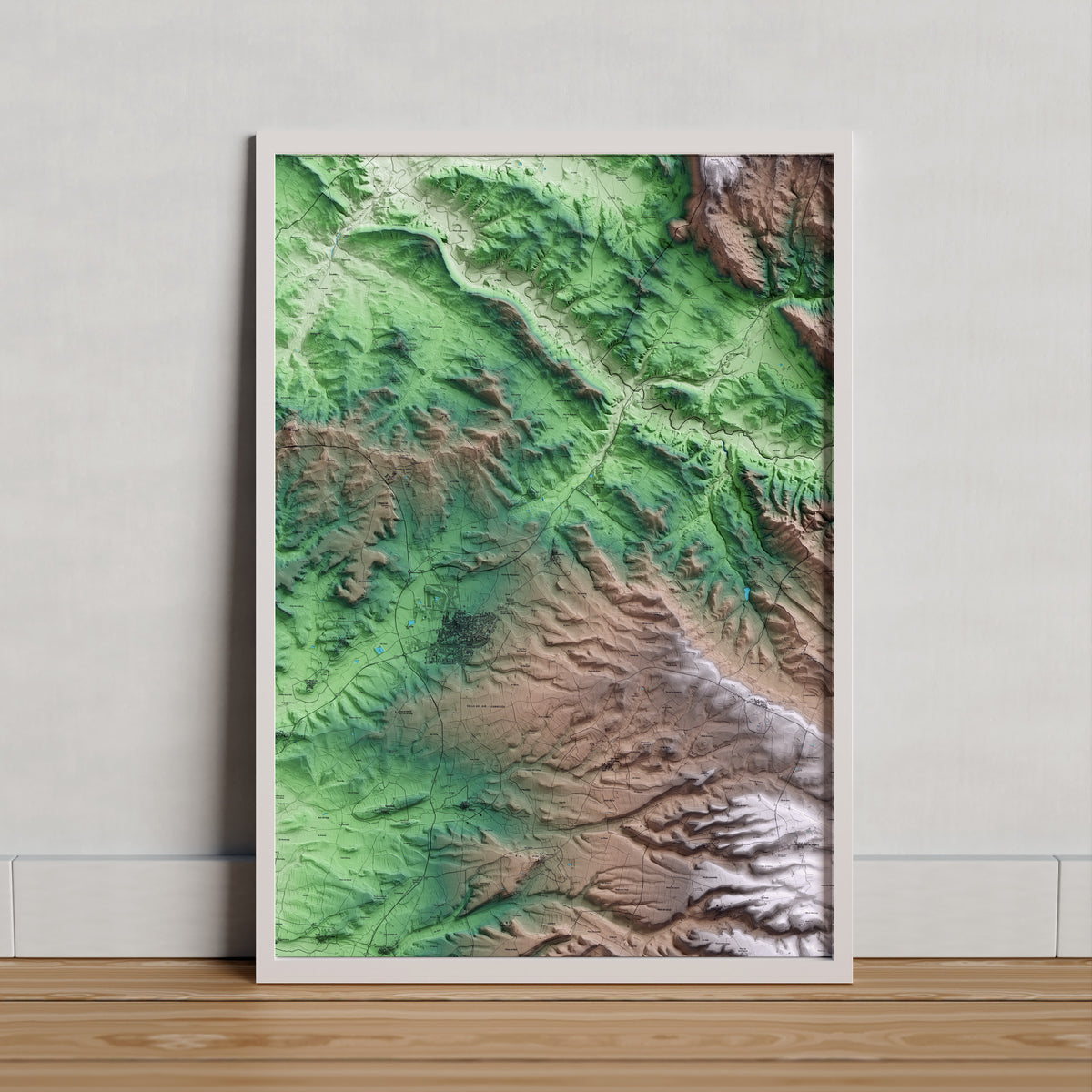 Mapa artístico del relieve de Massoteres, a la Segarra, con 15 km de entorno y base topográfica ICGC. Presentación enmarcada.