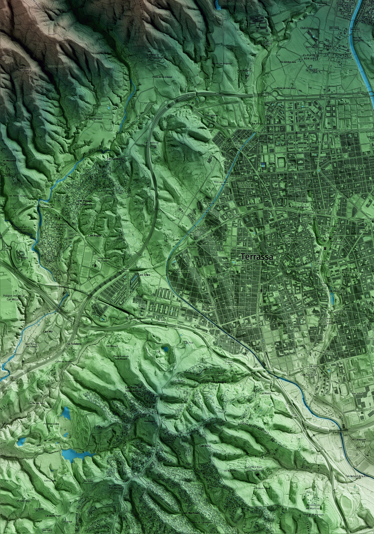 Mapa artístico del relieve de Matadepera, al Vallès Occidental, con 15 km de entorno y base topográfica ICGC. Detalle de la zona inferior izquierda.