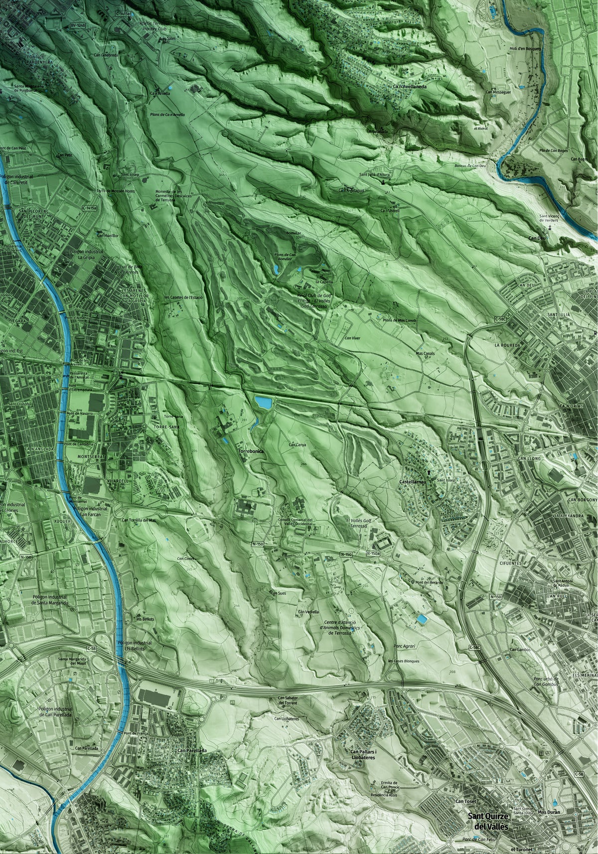 Mapa artístico del relieve de Matadepera, al Vallès Occidental, con 15 km de entorno y base topográfica ICGC. Detalle de la zona inferior derecha.