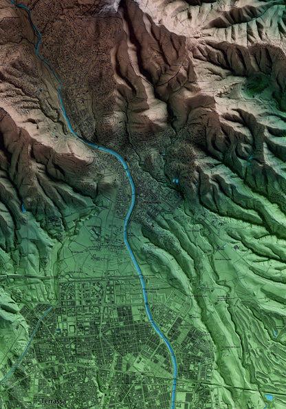 Mapa artístico del relieve de Matadepera, al Vallès Occidental, con 15 km de entorno y base topográfica ICGC. Detalle de la zona central.
