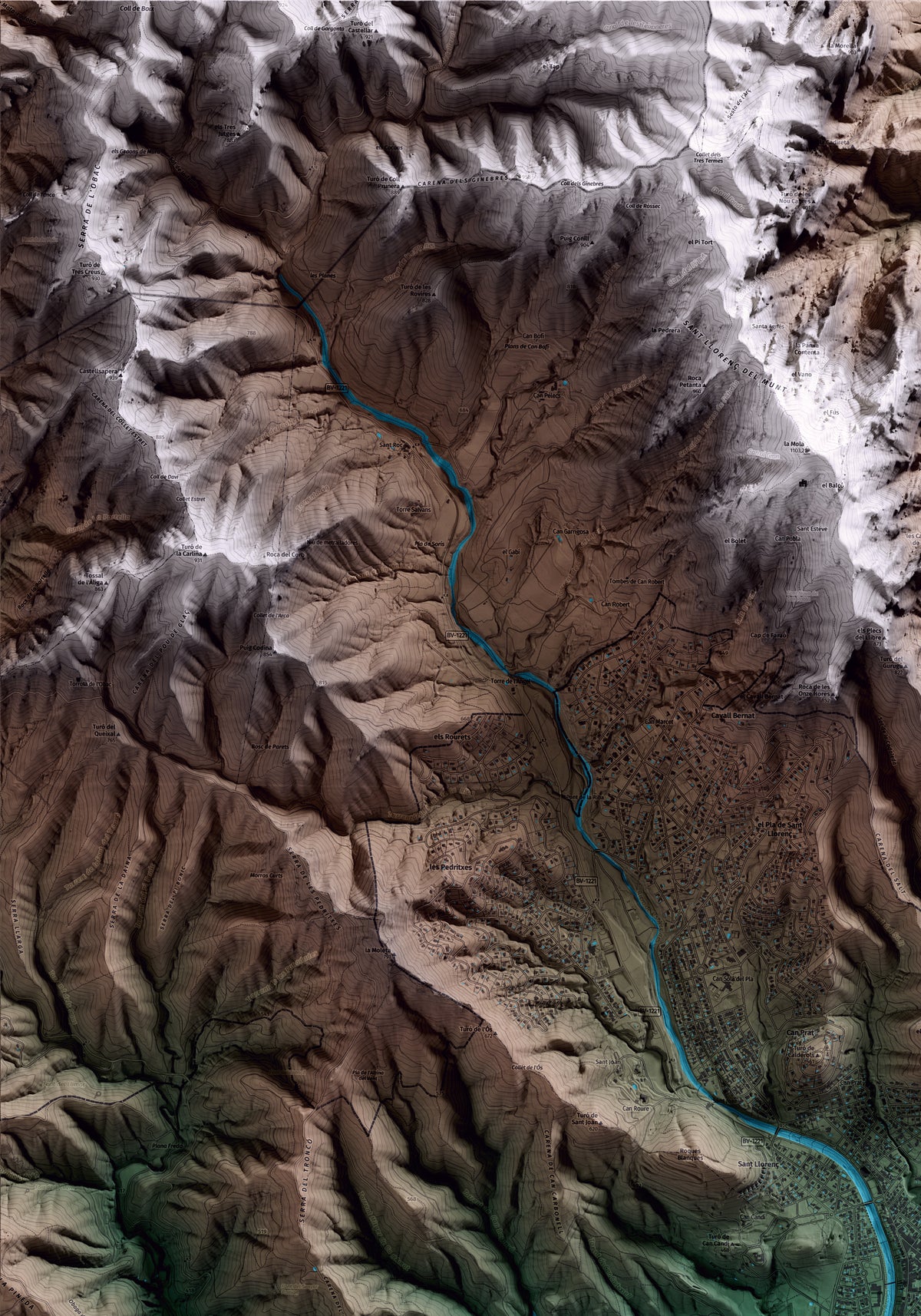 Mapa artístico del relieve de Matadepera, al Vallès Occidental, con 15 km de entorno y base topográfica ICGC. Detalle de la zona superior izquierda.