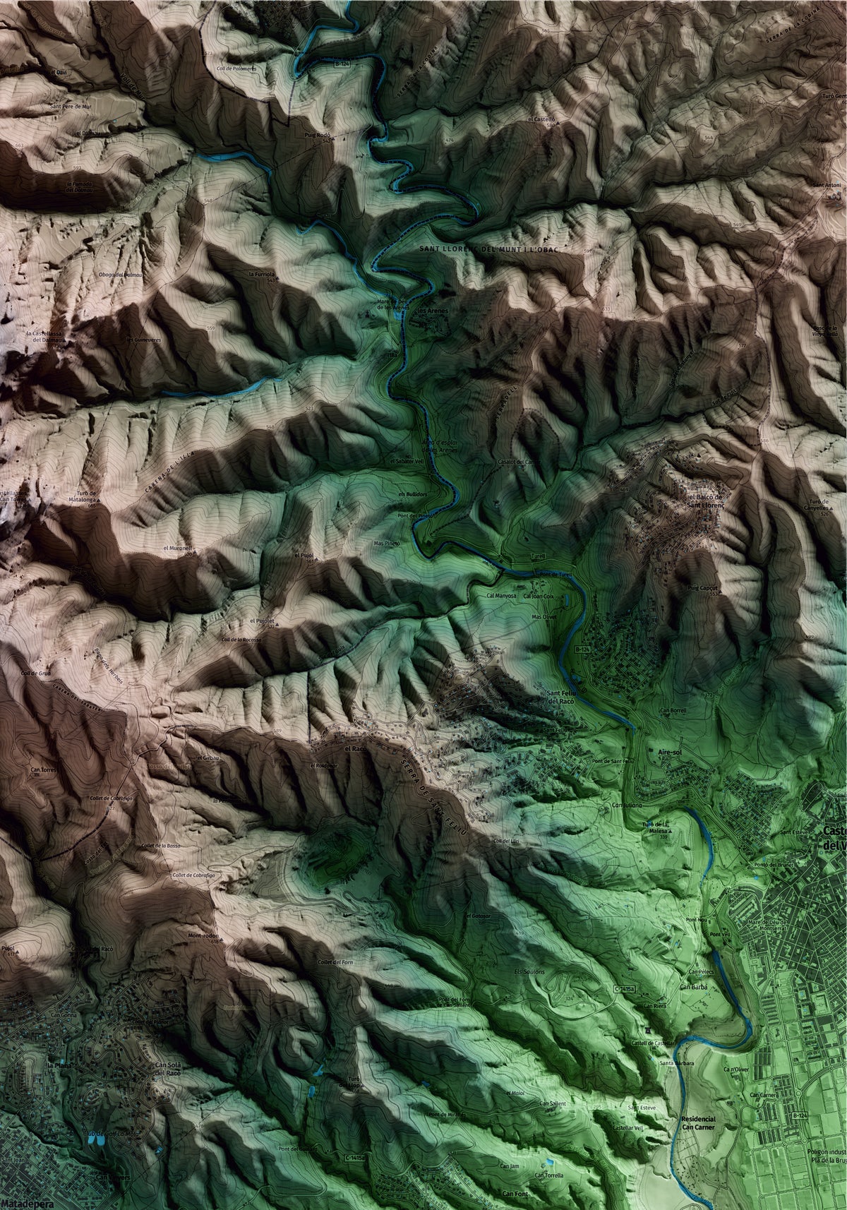 Mapa artístico del relieve de Matadepera, al Vallès Occidental, con 15 km de entorno y base topográfica ICGC. Detalle de la zona superior derecha.
