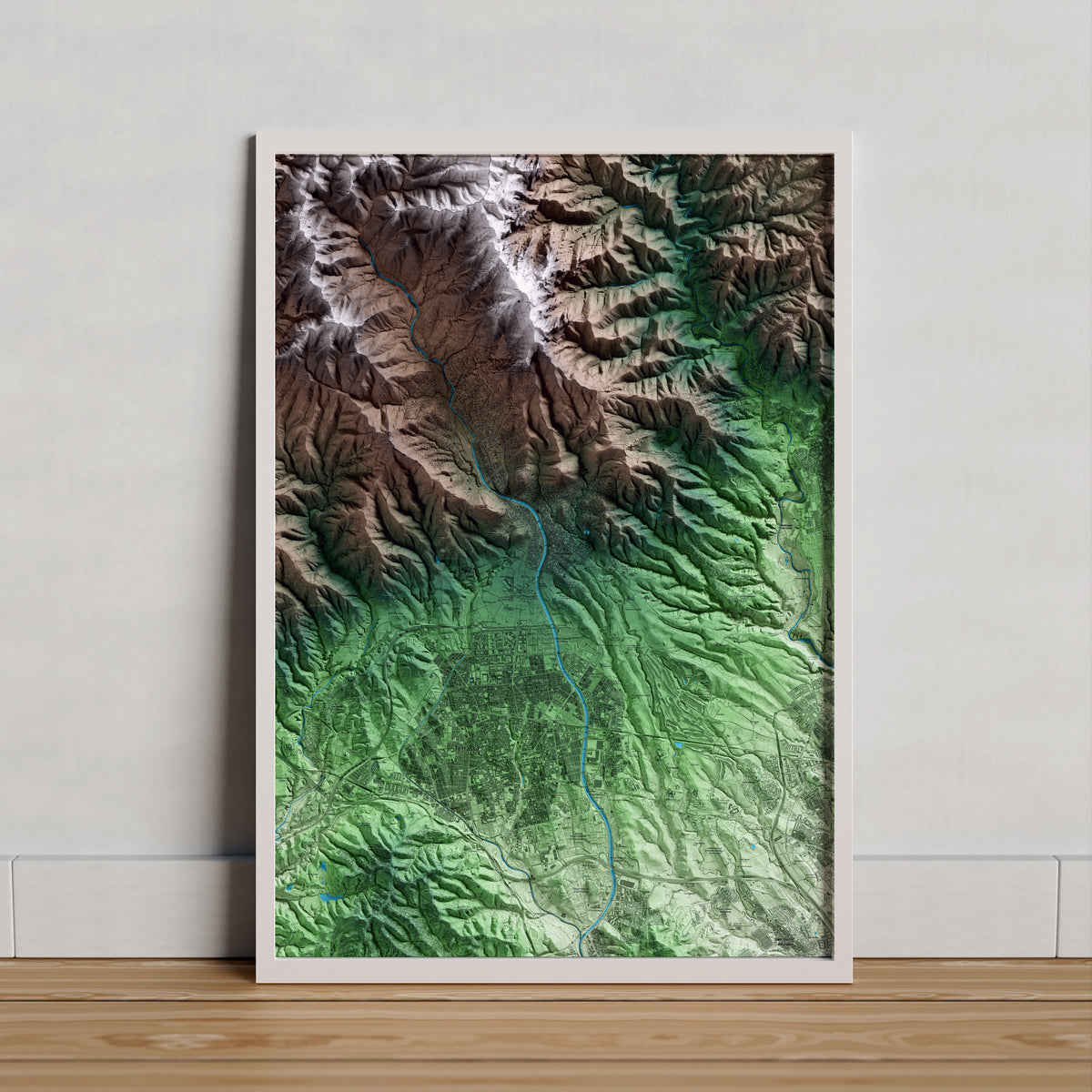 Mapa artístico del relieve de Matadepera, al Vallès Occidental, con 15 km de entorno y base topográfica ICGC. Presentación enmarcada.