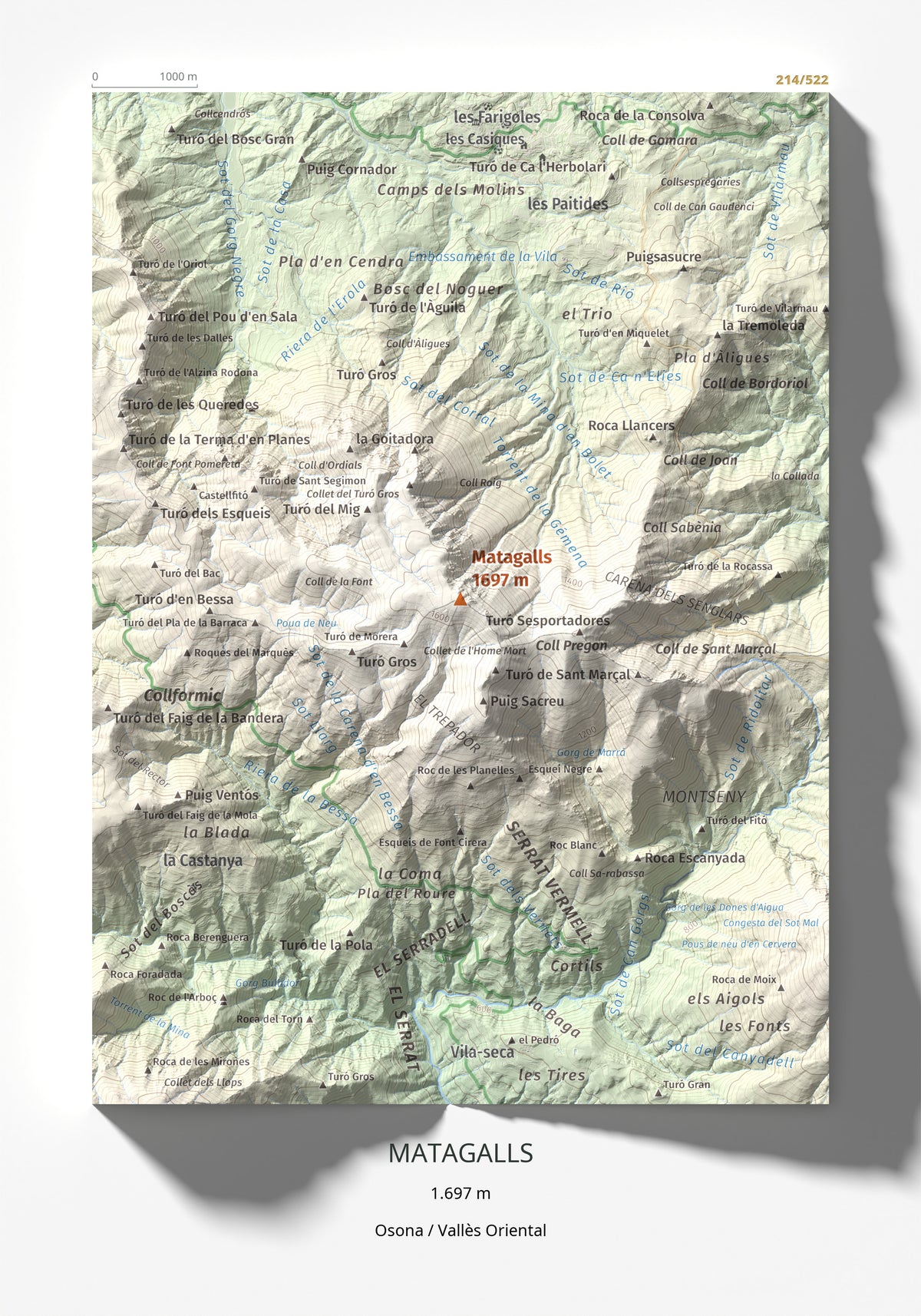 Mapa de relieve de Matagalls, 1697 m, Osona · Vallès Oriental, lámina 100 Cims de Trobart 21 × 30 cm.
