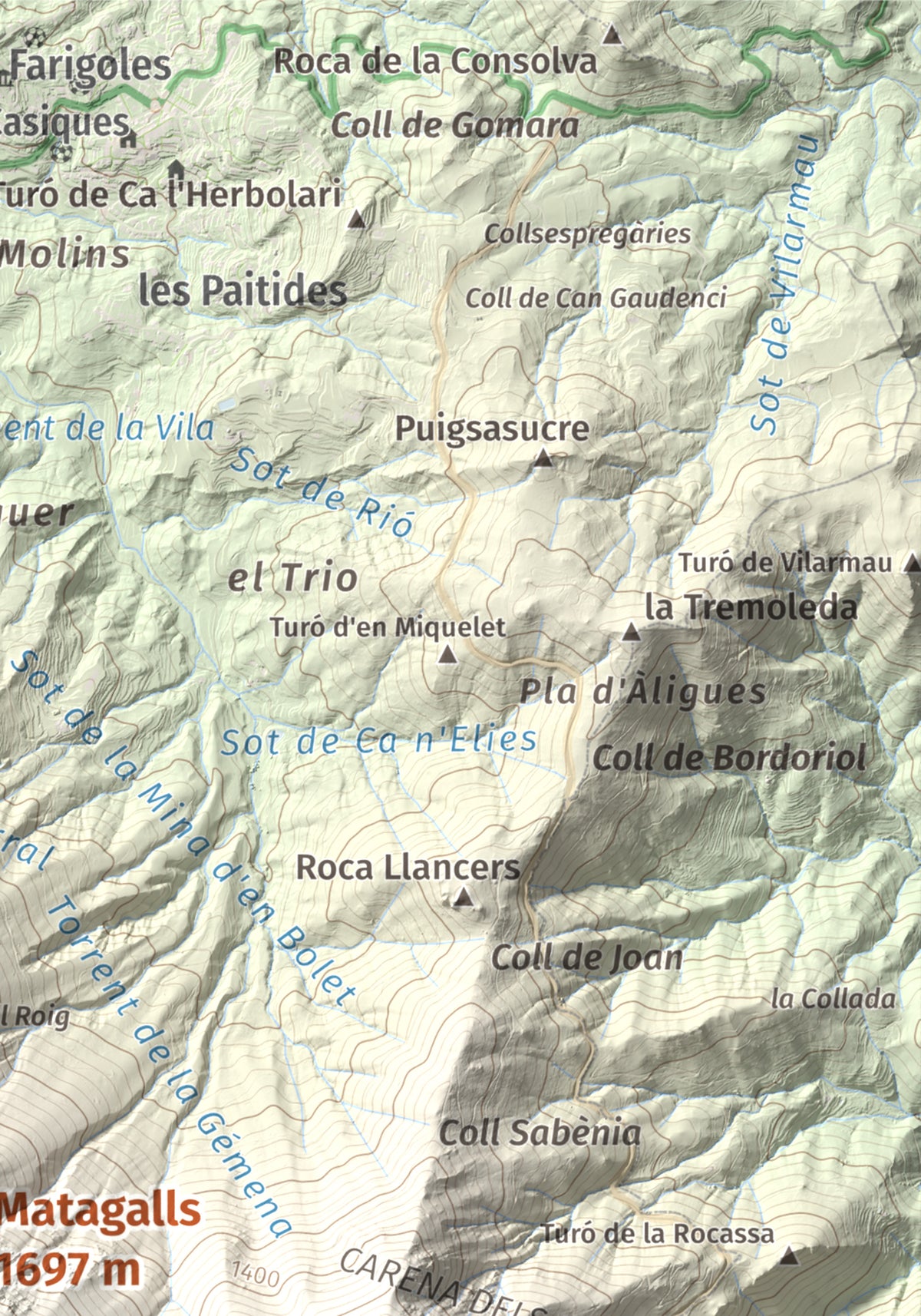 Mapa de relieve de Matagalls, 1697 m, Osona · Vallès Oriental, lámina 100 Cims de Trobart. Detalle de la zona superior derecha. 21 × 30 cm.