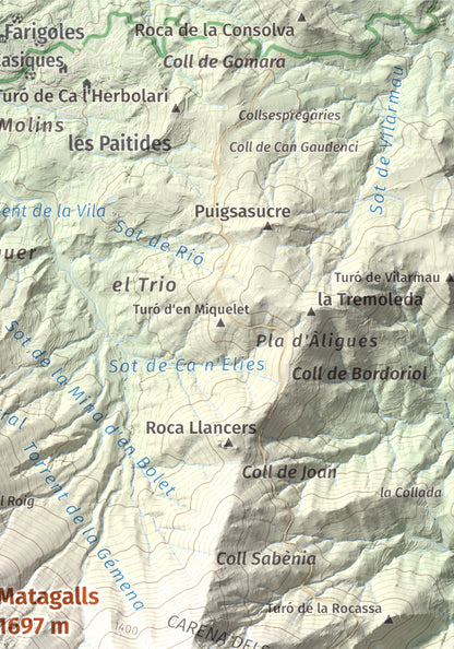 Mapa de relieve de Matagalls, 1697 m, Osona · Vallès Oriental, lámina 100 Cims de Trobart. Detalle de la zona superior derecha. 21 × 30 cm.