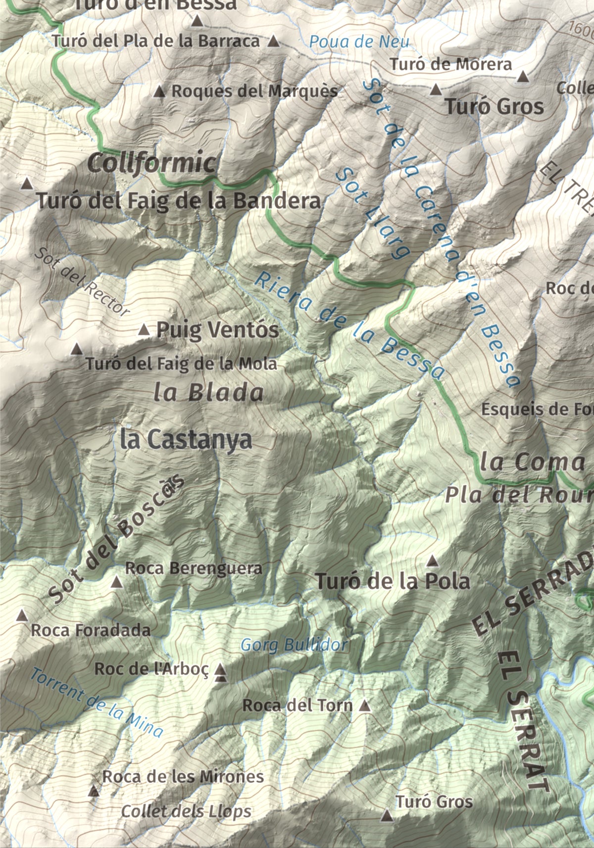 Mapa de relieve de Matagalls, 1697 m, Osona · Vallès Oriental, lámina 100 Cims de Trobart. Detalle de la zona inferior izquierda. 21 × 30 cm.