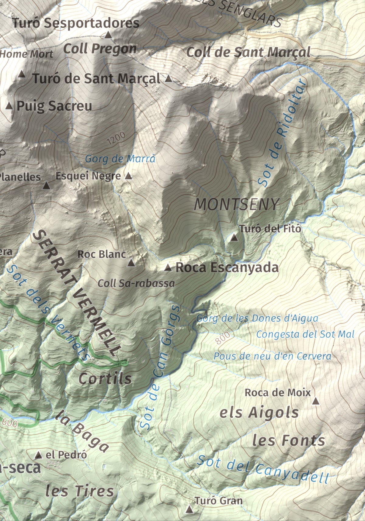 Mapa de relieve de Matagalls, 1697 m, Osona · Vallès Oriental, lámina 100 Cims de Trobart. Detalle de la zona inferior derecha. 21 × 30 cm.