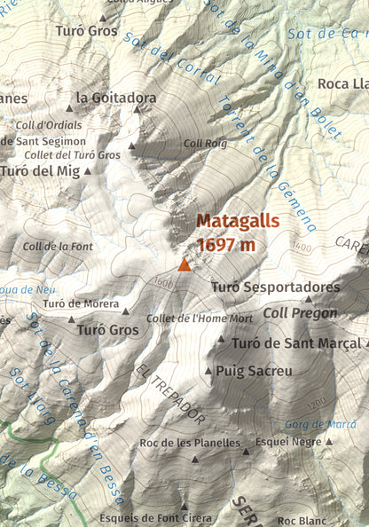 Mapa de relieve de Matagalls, 1697 m, Osona · Vallès Oriental, lámina 100 Cims de Trobart. Detalle de la zona central. 21 × 30 cm.