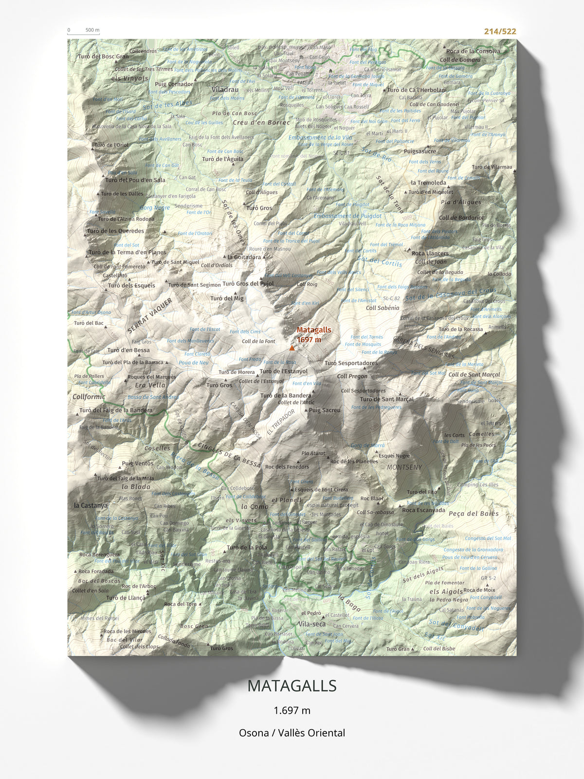 Mapa de relieve de Matagalls, 1697 m, Osona · Vallès Oriental, lámina 100 Cims de Trobart 30 × 40 cm.
