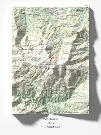 Mapa de relieve de Matagalls, 1697 m, Osona · Vallès Oriental, lámina 100 Cims de Trobart 30 × 40 cm.