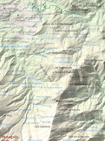Mapa de relieve de Matagalls, 1697 m, Osona · Vallès Oriental, lámina 100 Cims de Trobart. Detalle de la zona superior derecha. 30 × 40 cm.