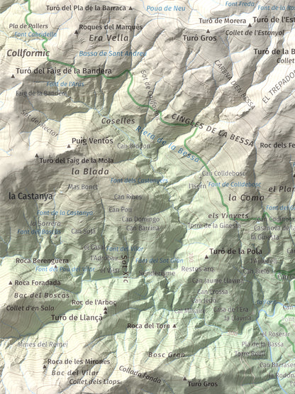 Mapa de relieve de Matagalls, 1697 m, Osona · Vallès Oriental, lámina 100 Cims de Trobart. Detalle de la zona inferior izquierda. 30 × 40 cm.