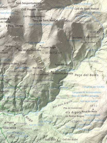 Mapa de relieve de Matagalls, 1697 m, Osona · Vallès Oriental, lámina 100 Cims de Trobart. Detalle de la zona inferior derecha. 30 × 40 cm.